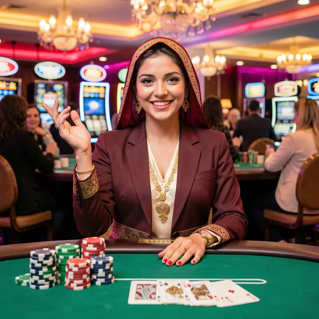 Stylish female casino dealer standing by a live gaming table with stacked chips highlighting the premium live casino environment of TC777 in Pakistan