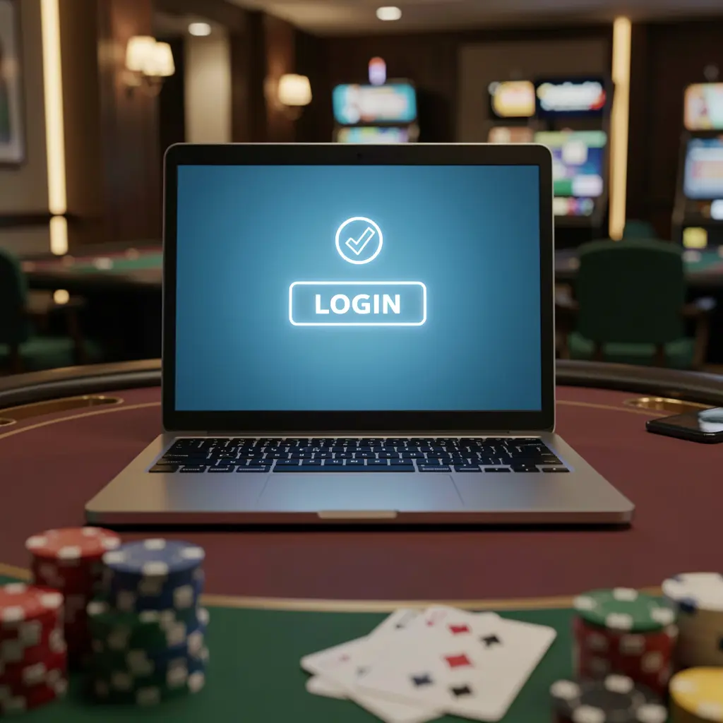 Modern laptop on a casino table displaying the TC777 login screen with poker chips and cards creating a secure online gaming atmosphere for Pakistan